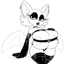 anthro belts breasts elbow_gloves female female_only gloves greyscale huge_breasts large_breasts latex latex_gloves nipples reiduran rouge_the_bat sega sonic_(series) thighhighs