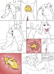 alphys anal_vore anus bed bedroom caprine female female_pred female_prey goat inside larger_female livinlovindude mammal pussy reptile scalie simple_background size_difference smaller_female toriel undertale video_games vore white_background