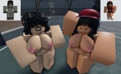 2girls artist_request baseball_cap basketball big_breasts ninjashyper2 public_nudity roblox roblox_avatar roblox_game robloxian showing_breasts showing_off