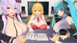 1boy 3girls blonde_hair blue_eyes blue_hair clothed hatsune_miku huge_breasts long_hair looking_at_viewer tight_clothing tsurumaki_maki twintails vocaloid voiceroid white_heart yuzuki_yukari