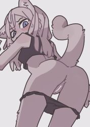 animal_ears anus ass black_panties blue_eyes blush cat_ears cat_girl cat_tail censored commentary crop_top english_commentary female furry furry_female grey_background highres long_hair looking_at_viewer looking_down mixed-language_commentary original paid_reward_available panties panty_pull pussy tail underwear white_fur white_hair yagi_(s1120411)
