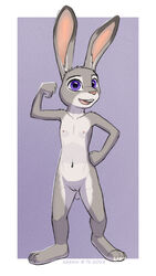 2018 3_toes anthro border buckteeth disney eddiew female fist flat_chest flat_chested flexing front_view fur grey_fur hand_on_hip judy_hopps lagomorph long_ears looking_at_viewer mammal navel nipples nude open_mouth open_smile pink_nose pose purple_background purple_eyes pussy rabbit simple_background smile solo standing teeth toes white_border zootopia