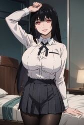 ai_generated aindroidparanoid black_hair huge_ass huge_breasts huge_butt jabami_yumeko kakegurui large_ass large_breasts narrow_waist red_eyes school_uniform schoolgirl shirt skirt stable_diffusion straight_hair