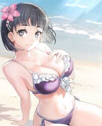 1girls alternate_costume beach bikini black_eyes black_hair blunt_bangs breasts cleavage closed_mouth commentary_request cut_bangs day flower hair_flower hair_ornament hairclip hibiscus highres kirigaya_suguha large_breasts looking_at_viewer navel ocean outdoors purple_bikini short_hair side-tie_bikini_bottom smile solo swimsuit sword_art_online yoru_kiri