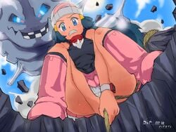 1girls ambiguous_gender ass bare_shoulders big_ass big_mouth blue_eyes blue_hair blush boots breasts clenched_teeth clothed clouds dawn_(pokemon) eyelashes glowing_eyes grin hat human long_hair looking_at_viewer looking_down nintendo nude ome_(mercury_cigarette) open_mouth outdoors panties pokemon pokemon_dppt pokemon_gsc rock rope scalie scarf shirt size_difference sky small_breasts smile socks solo_focus squatting steelix sun sweat teeth text upskirt watermark white_panties wide_hips wristwatch