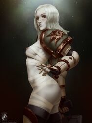 adeptus_astartes areolae armor ass bandage bandages breasts chaos_(warhammer) chaos_marine chaos_space_marine death_guard female female_only female_space_marine functionally_nude gun imperium_of_man looking_at_viewer nipples pale-skinned_female pale_skin pauldrons plague_marine rule_63 sci-fi science_fiction scifi side_view solo solo_female themaestronoob thighhighs warhammer_(franchise) warhammer_40k weapon white_skin