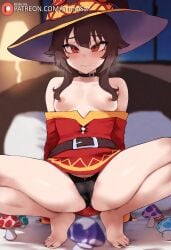 ai_generated belt breasts_out brown_hair dress flat_chest kono_subarashii_sekai_ni_shukufuku_wo! leaning_back looking_at_viewer megumin nipples primosan pussy_juice red_dress red_eyes short_hair spread_legs squatting witch_hat