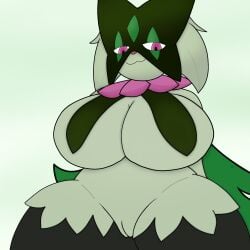1:1 2024 anthro big_breasts blista_kanjo breast_curtains breasts digital_media_(artwork) felid feline female fur generation_9_pokemon genitals green_body green_fur hi_res looking_at_viewer mammal meowscarada multicolored_body multicolored_fur nintendo pink_eyes pokemon pokemon_(species) portrait pupils pussy shaded simple_background smile smiling_at_viewer smug smug_face solo solo_focus thick_thighs two_tone_body two_tone_fur