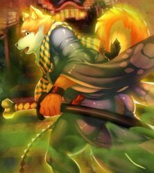 anthro asian_clothing asian_mythology blue_clothing canid canine canis clothing domestic_dog east_asian_clothing east_asian_mythology fart feces fur hi_res human inugami inugami_(onmyoji) japanese_clothing japanese_mythology jopika katana male mammal melee_weapon mythology scarf scat shiba_inu soiling soiling_bottomwear solo spitz sword weapon yellow_body yellow_fur yokai