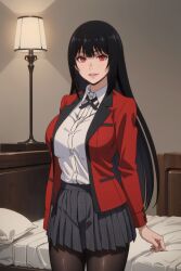 ai_generated aindroidparanoid black_hair huge_ass huge_breasts huge_butt jabami_yumeko kakegurui large_ass large_breasts narrow_waist red_eyes school_uniform schoolgirl shirt skirt stable_diffusion straight_hair