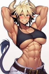 1girls abs absurd_res adonis_belt ai_generated animal_ears animal_print armpits bare_shoulders bell biceps bike_shorts black_hair blonde_hair blush breasts brown_eyes cathyl cathyl_(monster_musume) cleavage commentary_request commission cow_ears cow_girl cow_horns cow_print cowbell female from_below furr_app grey_background greyscale hair_between_eyes hi_res highres horns huge_breasts large_breasts looking_at_viewer medium_hair midriff monochrome monster monster_girl monster_musume monster_musume_no_iru_nichijou multicolored_hair muscular muscular_female navel nipples open_mouth parted_lips pointy_ears sidelocks signature simple_background skeb_commission smile solo steaming_body tail tan toned two-tone_background underboob veins white_background