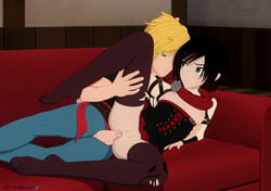 anal ass black_eyes black_hair blonde_hair blue_eyes breasts clothed_sex female jaune_arc male necromalock no_shoes penis pussy red_highlights ruby_rose rwby sex silver_eyes straight tagme thighhighs