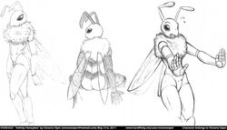 1boy 5_fingers antennae anthro ass backside bee dat_ass femboy flying_sweatdrops insects looking_to_the_side male male_only monochrome navel neck_tuft nervous open_mouth outstretched_arms pencil_(artwork) praxton_hao sitting skinny slender smile solo standing traditional_media_(artwork) twink victoria_viper winged wings