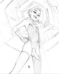 1boy femboy gwen_stacy_(spider-verse) henshintiger leotard looking_at_viewer monochrome penis penis_out smile solo_femboy spider-man:_across_the_spider-verse spider-man_(series) thigh_highs