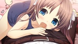 1boy bed blue_eyes censored fellatio female highres monobeno oral penis penis_through_fly sawai_natsuha swimsuit