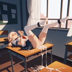 1girls after_sex ai_generated cum_in_pussy cum_inside desk genshin_impact klee_(genshin_impact) lying school_uniform solo