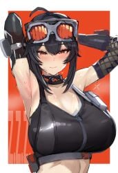 armpits big_breasts black_hair blush breasts clothed from_side grace_howard hands_behind_head huge_breasts looking_at_viewer orange_eyes oystar_z3 ponytail red_eyes smile smiling smiling_at_viewer stretching sweat sweatdrop sweating tagme wet wet_body zenless_zone_zero