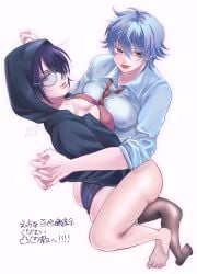 2girls alternate_costume black_panties bottomless breast_press breast_squish canon_genderswap cleavage female female_only full_body fully_clothed genderswap_(mtf) ginko_sakata gintama gintoki_sakata glasses green_eyes hair_over_one_eye holding_hands hood hood_up hoodie light_blue_hair looking_at_viewer looking_back medium_breasts o_to_3 pale-skinned_female pale_skin panties purple_hair red_eyes rule_63 short_hair takasugi_shinsuke tongue_out yuri