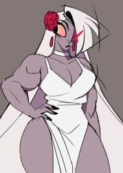 alternate_muscle_size artiah669 grey_skin hair_flower hazbin_hotel muscular_arms muscular_female pelvic_curtain pink_sclera standing thick_thighs vaggie_(hazbin_hotel) white_dress