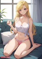 1female 1girls ai_generated blonde_hair blonde_hair_female blue_eyes blue_eyes_female bubbleteexl chrono_ark commentary_request english_commentary female female_only first_porn_of_character hi_res highres indoors light-skinned_female light_skin miss_chain mixed-language_commentary panties pink_panties room solo solo_female thighs very_high_resolution wariza