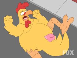 20th_century_fox 2_toes anal anal_sex animal_genitalia anonymous_artist anthro avian bird bodily_fluids chicken cloaca cloacal cloacal_penetration dildo dildo_in_ass dildo_insertion ernie_the_giant_chicken fake_screencap family_guy feet galliform gallus_(genus) gay genital_fluids genitals hi_res male moobs object_in_ass overweight overweight_anthro penetration phasianid road sex_toy sex_toy_in_ass sex_toy_insertion sidewalk solo toes yellow_body