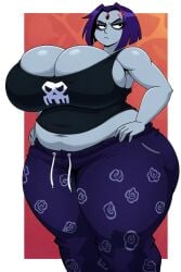 ai_generated annoyed belly dc emo huge_ass huge_breasts midriff pajamas purple_hair raven_(dc) solo tank_top teen_titans wide_hips