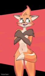 anthro blush breasts canid canine covering covering_chest covering_crotch digital_media_(artwork) dungeons_of_aether embarrassed female flat_chested fleet_(dungeons_of_aether) fox fur green_eyes hair hi_res mammal nude open_mouth pickleticklr rivals_of_aether simple_background solo tail