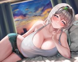 1girls big_breasts black_shorts blush bottomwear breasts cleavage clothing female female_only firefly_(honkai:_star_rail) grey_hair hair hairband headwear hips honkai:_star_rail huge_breasts large_breasts looking_at_viewer multicolored_eyes on_bed on_side pillow rikihana_momo shorts solo solo_female tank_top thighs topwear white_tank_top