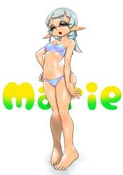 adapted_costume alternate_hairstyle alternate_version_available bikini ear_piercing earrings female hand_on_hip koharuno2 long_hair marie_(splatoon) marie_(summer_nights) multicolored_eyes open_mouth simple_background small_breasts solo splatfest splatoon splatoon_3 summer_nights_splatfest tagme tan_body tanned tiptoes tubetop white_background white_hair yellow_eyes