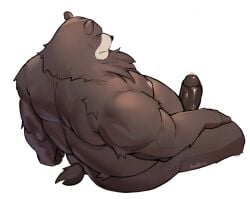 anthro ass bear belly ben_bigger blush bodily_fluids brown_body brown_fur erection fur genital_fluids genitals hi_res high-angle_view male malliseeed mammal mihoyo moobs neck_tuft nipples nude overweight penis precum solo solo_male tuft zenless_zone_zero