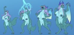 anthro big_breasts blue_body blue_fur breasts canid canine canis disguise dragon electricity female fur genitals hair hair_bun hi_res huge_breasts lady_zaffre_(alphaleader) leech_monster lightning long_hair mammal mature_female mythological_creature mythological_scalie mythology nipples nude purple_hair scales scalie size_difference solo spikes spikes_(anatomy) transformation vulva wolf