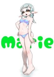 adapted_costume alternate_hairstyle alternate_version_available bikini ear_piercing earrings female hand_on_hip koharuno2 long_hair marie_(splatoon) marie_(summer_nights) multicolored_eyes open_mouth simple_background small_breasts solo splatfest splatoon splatoon_3 summer_nights_splatfest tagme tiptoes tubetop white_background white_hair yellow_eyes