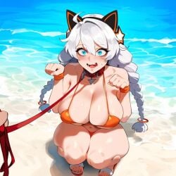 1girls ai_generated bikini breasts collar happy honkai_impact_3rd kiana_kaslana kneeling leash paw_pose petplay pov