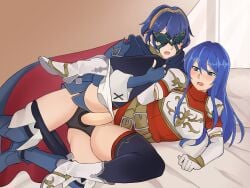 2girls alternate_hairstyle ancestor_and_descendant armor ass_visible_through_thighs bare_thighs bed bellfonts blue_eyes blue_hair blush boots breasts caeda_(fire_emblem) cape clothed_sex female female_only fire_emblem fire_emblem:_mystery_of_the_emblem fire_emblem:_shadow_dragon_and_the_blade_of_light fire_emblem_awakening incest indoors large_breasts leg_grab leg_up long_hair lucina_(fire_emblem) marth_(fire_emblem_awakening) mask multiple_girls nintendo official_alternate_hairstyle on_bed on_side open_mouth panties panties_around_leg pants pants_down pussy sex sex_toy spread_legs strap-on symbol-shaped_pupils thighhighs thighs tiara underwear vaginal_penetration white_panties yuri