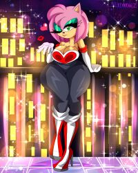 amy_rose bodysuit busty curvy hexdoodz high_heels long_gloves makeup neckline rouge_the_bat_(cosplay) seductive_look spandex_suit thick_thighs