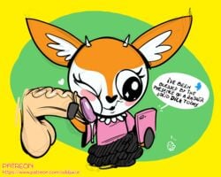 aggressive_retsuko antelope anthro clothed clothing eyelashes female mammal oddjuice penis sanrio simple_background straight_hair tsunoda