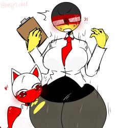 2females 2girls angry angry_expression angry_face ass big_ass big_breasts big_butt biting biting_ass biting_thigh breasts cat_ears countryhumans countryhumans_girl female_only germany_(countryhumans) girls_only glasses kak0yt0_chel poland_(countryhumans) red_body red_skin red_tie thick_ass thick_thighs tie white_background yellow_body yellow_hands yellow_skin