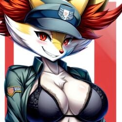 ai_generated big_breasts braixen braixen_lover(artist) breasts fox fox_girl pokemon pokemon_(species) pokemon_xy_(anime) smiles soldier soldier_uniform