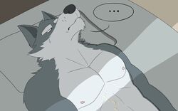 ... absurd_res after_masturbation angry anthro bed black_nose blue_eyes canine cum cum_on_self eyebrows fangs frown fur grey_fur hi_res lying male male_only mammal multicolored_fur muscular muscular_male nipples nude pillow squint sweat two_tone_fur unpopularwolf wolf