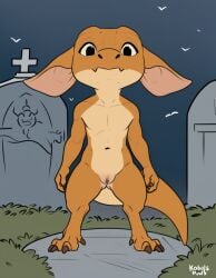 ai_generated cemetery dnd female female_only flat_chested goat_horns gravestone ground kobold posing pussy realistic standing tagme