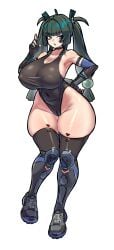 1girls alternate_breast_size breasts busty cameltoe cleavage elbow_gloves eyebrows_visible_through_hair female female_only fingerless_gloves green_eyes green_hair hand_on_hip huge_breasts leotard light-skinned_female light_skin mold001 nipple_bulge open_mouth qingyi_(zenless_zone_zero) robot_girl sneakers solo thick_thighs thighhighs tied_hair twintails voluptuous wide_hips zenless_zone_zero