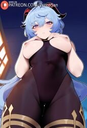 ai_generated black_body blue_hair bodysuit breasts_out cute from_below ganyu_(genshin_impact) hands_on_own_chest horns long_hair looking_at_viewer medium_breasts nipples pantyhose primosan purple_eyes pussy_juice standing