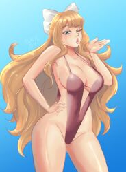1girls ;o big_breasts big_lips blonde_hair blowing_kiss blue_eyes breasts brown_swimsuit charlotte_(fire_emblem) cleavage female female_only fire_emblem fire_emblem_fates hair hair_ornament hand_on_hip large_breasts lips long_hair nintendo one_eye_closed parted_lips revealing_clothes ribbon rinku_bny skimpy sling_bikini solo swimsuit thighs very_long_hair wide_hips wink
