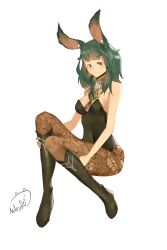 1girls absurdres alternate_costume animal_ear_fluff animal_ears artist_name bare_shoulders black_footwear black_leotard blue_eyes blush boots breasts brown_pantyhose byleth_(female)_(fire_emblem) byleth_(fire_emblem) closed_mouth covered_navel detached_collar female female female_only fire_emblem fire_emblem:_three_houses full_body green_hair hands_on_own_legs happy highres knee_boots knees_together_feet_apart leotard long_hair looking_at_viewer medium_breasts nintendo pantyhose playboy_bunny rabbit_ears rabbit_girl sidelocks signature simple_background sitting smile solo spindle_(aidenr0) split_mouth strapless strapless_leotard tassel white_background