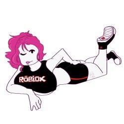 ass big_breasts biting_lip breasts clothed deviantart female female_focus female_only guest_(roblox) hand_on_butt leg_up looking_at_viewer lying maria_(minstlu) pink_hair roblox robloxian shoes soundbbabe suggestive suggestive_look thick_thighs transparent_background wink