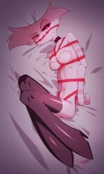 angel_dust_(hazbin_hotel) arms_behind_back bed_sheet bondage bound_legs choker demon_humanoid glowing_eyes gold_tooth hazbin_hotel high_heel_boots looking_at_viewer pink_fur red_rope solo solo_male source_request tied_up vivziepop