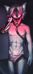 5_fingers abs absurd_res anthro aroused athletic athletic_anthro athletic_male belly biceps big_bulge black_hair black_nose blurred_background bulge claws clothed clothing cybernetic_arm cybernetic_jaw cybernetic_limb cybernetic_neck cybernetics cyberpunk detailed_bulge domestic_cat ear_markings erection erection_under_clothing evitoom eye_markings eyebrows eyewear felid feline felis finger_claws fingers fur genital_outline genitals glasses grey_clothing grey_ears grey_necktie grey_underwear hair hi_res huge_bulge humanoid_genitalia humanoid_penis inner_ear_fluff inside machine male mammal markings marley_cooper(ripper) navel necktie night nipples nude nude_anthro penis penis_outline pink_nipples red_eyes red_eyewear red_glasses red_light simple_background skinny slim slim_anthro slim_male small_waist solo tail tail_tuft teeth tenting tuft underwear underwear_only white_arms white_belly white_body white_chest white_ears white_fur white_legs white_tail