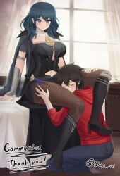 1boy 1girls bed between_thighs blue_eyes boots breasts byleth_(fire_emblem) byleth_(fire_emblem)_(female) clothed commission doiparuni fire_emblem fire_emblem:_three_houses heel_boots heels nintendo original_character stockings teal_hair thigh_worship thighs