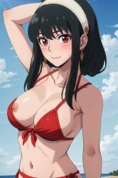 1girls ai_generated aindroidparanoid beach bikini black_hair breasts breasts_out female female_only huge_ass huge_breasts huge_butt human large_ass large_breasts long_hair nipple_slip nipples ocean outdoors red_eyes solo spy_x_family stable_diffusion straight_hair swimsuit yor_briar yor_forger