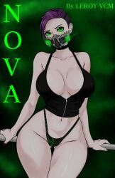 bloodstrike clothed_female front_view green_eyes mask pale-skinned_female pale_skin purple_hair short_hair solo_female tagme wide_hips